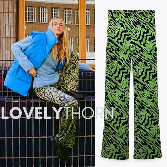 ZARA // retro-chic green blue velvet high waist straight slight flare pants - Picture 2 of 16